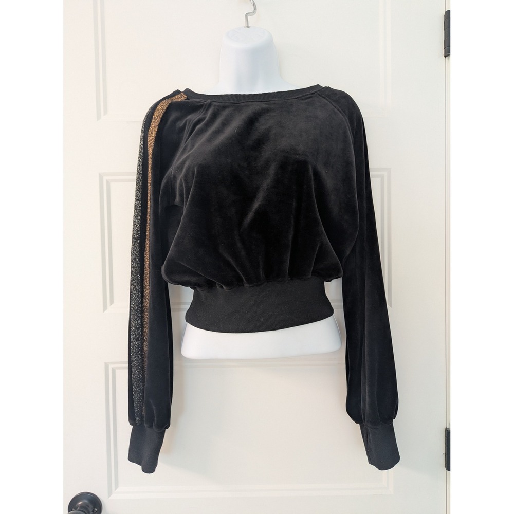 Pam & Gela Black Velour Cropped Sweatshirt Metallic Glitter Stripe Small P